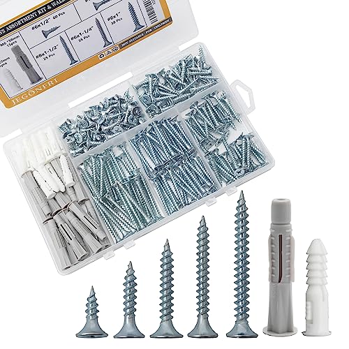 JEGONFRI 203PCS 5 Sizes Wood Screws Assortment Kit & 30pcs Wall Anchors | Hardened Steel, Zinc Coated, Rustproof, Sharp Threads Bite Fast, Fits Wood/Drywall/Plastic/Metal, Storage Box Included - style: Screws and Anchors
