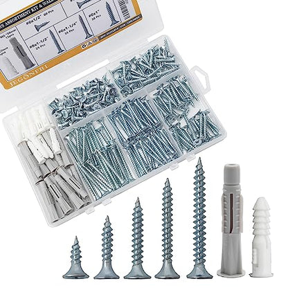 JEGONFRI 203PCS 5 Sizes Wood Screws Assortment Kit & 30pcs Wall Anchors | Hardened Steel, Zinc Coated, Rustproof, Sharp Threads Bite Fast, Fits Wood/Drywall/Plastic/Metal, Storage Box Included - style: Screws and Anchors