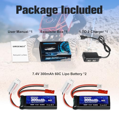 SCX24 Battery 7.4V Lipos 2S 60C(Burst 120C) 300mAh Rechargeable Mini Lithium Battery with JST&PH2.0 Dual Discharge Plug Fit for SCX24 RC Car WLtoys RC Truck and Most Airplane 1TO2 Charger - style: 2PACK with Charger