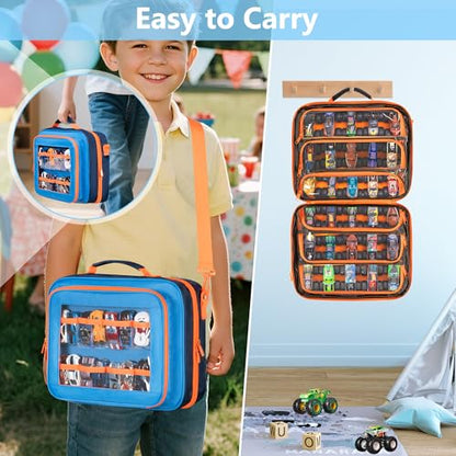 GRAOSO Toy Cars Carry Case Compatible with Hot Wheels Monster Trucks, Blue | Travel Truck Storage Compatible with Monster Jam Trucks up to 30, Display Front Pocket for 1:64 Scale Mini Toy Cars, Bag Only