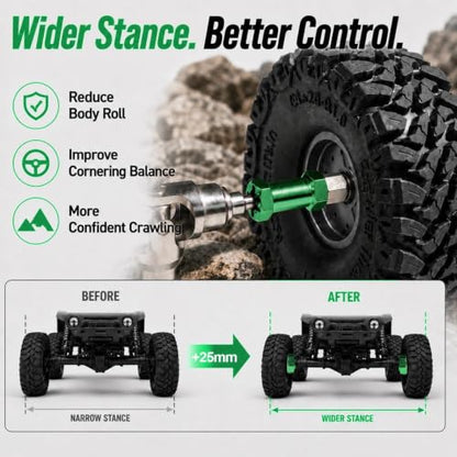 4PCS 12mm Hex Hub 25mm Aluminum Extension Hex for Axial SCX10 D90 90046 | 25mm CNC Wheel Hex Extenders for 1/10 RC Crawlers Redcat Gen7/Gen8 CC01 RC4WD Wider Stance & Tire Clearance with M4 Nuts Pins - color: Green