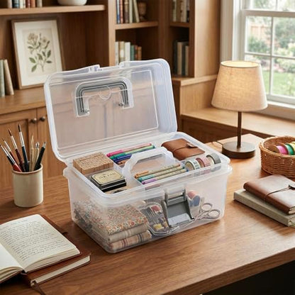 MyGift 10.2 Inch Transparent Plastic Empty Arts and Crafts Tackle Box | Gray Handle and Removable Tray for Tools, First Aid, Sewing Kit Clear Storage Container Craft Supplies Organizer Bead Jewelry
