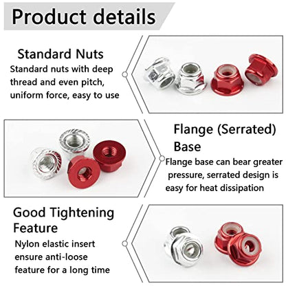 16pcs M4 Lock Nuts for 1/10 RC Car Wheel, 4mm Anodized Aluminum Alloy and Steel Flange Nylon Insert Locking Nuts with Wrench Set, Red & Silver - color: Red & Silver