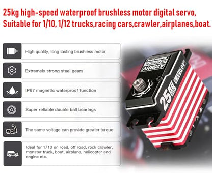 GOTECK 25KG Brushless Digital Servo,8.4V Full Metal Gear Servo,IP67 Waterproof Steering Servo with 25T Servo Horn for 1/10 Scale RC Cars,RC Crawler,Trucks,Boat,Robot Parts (A25BHV-270°)