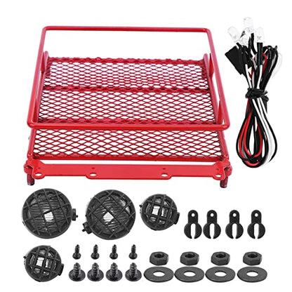Metal Roof Rack, Durable Metal Construction with Bright LED Light RC Crawler Accessories for Off-Road Adventures Simulation Luggage Carrier for RC Enthusiasts and Hobbyists - color: Red