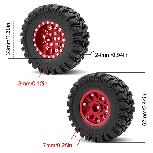 OGRC 1.0 Plus (1.2 Inches) Beadlock Wheels 7mm Negative Offset Wheel Rims Super Soft Sticky Tires for TRX4M SCX24 FCX24 AX24 1/24 1/18 RC Crawler Car - 62 * 24mm (Red) - color: Red