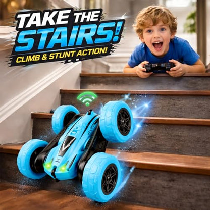 Remote Control Car for Kids, 360° Rotating Stunt Car, Double-Sided Driving, 2.4GHz RC Car with LED Headlights, Rechargeable All Terrain Toy, Extra 4 Green Wheels, Gift for Boys Girls Ages 4-8 6-12 - color: Blue+extra 4 Green Wheels