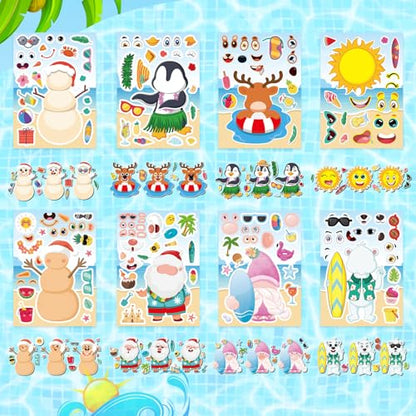 Summer Stickers, July Christmas Make a Face Sticker, Make Your Own Sticker | 24 Sheets Chirstmas Santa Claus Hawaiian Tropical Style Stickers for July Party Games Decorations Supplies - style: July Christmas