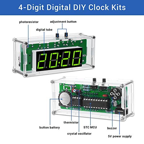 MiOYOOW DIY Digital Clock Kit, 4-Digit Alarm Clock Soldering Practice Kit | Electronics Clock Kit with Adjustable Brightness & Temperature Display, DIY Soldering Project for School Learning, Daily Use - color: 4 Digit Multifunctional Clock Kit