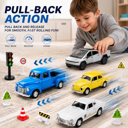 1:32 Die Cast Pull Back Truck Toys for Kids, Alloy Toy Cars with Openable Doors, Road Signs & Map Playset, Birthday Gift for Boys Girls Ages 3-8 - size: Alloy car 4-piece set
