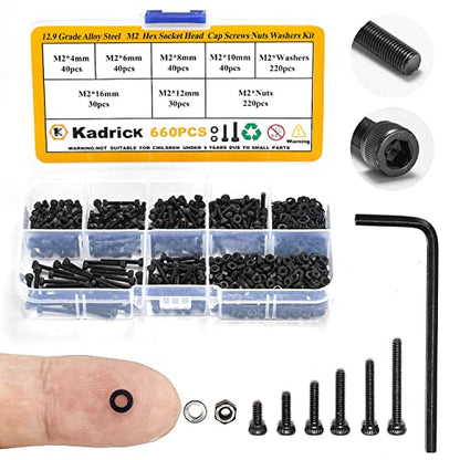 Kadrick Metric Screw Assortment, 660 Pcs M2 Screws, M2*4mm/6mm/8mm/10mm/12mm/16mm,12.9 Grade Alloy Steel, Metric Hex Socket Head Cap Screws Nuts Washers Kit, Black Zinc Plated Anti Rust Upgrade - size: M2 660Pcs