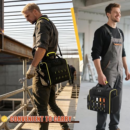 Marscamd Tool Bag with 3 Removable Cases, 2 Layers Tool Tote for Hand Tools | with Front Molle Straps & Detachable Shoulder Strap, Black with Yellow Binding - color: Black with Yellow Binding