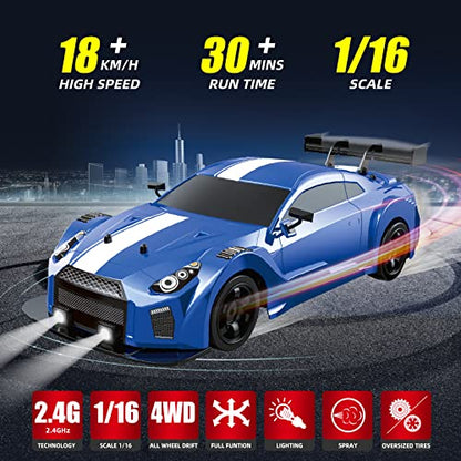RC Drift Car, Drifting RC Car 1/16 2.4GHz 4WD Remote Control Cars, Rechargeable Drifting Cars 18KM/H+ High Speed RC Racing Vehicle with Spray Cool Lights Toy Car for Kids Boys - color: Blue