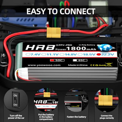 HRB 2PCS 1800mAh 6S 22.2V 50C Lipo Battery with XT60 Plug Compatible with RC Helicopter