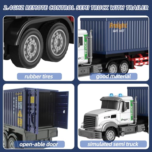 Mostop RC Semi Truck with Trailer, 23.6 Inch Remote Control Semi Truck Toy for Kids 3-8, 1:24 Scale Container Carrier Transport Vehicle with 2 Batteries, LED Lights & Sounds, Birthday Gift for Boys