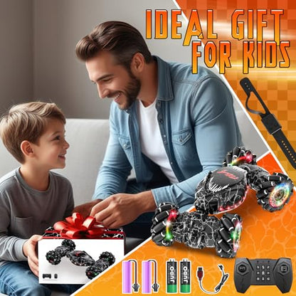 RC Stunt Car, 2.4GHz LED Gesture Sensing, 4WD Double Sided Rotation with Lights and Music, All Terrain Rotation Drift Car - Birthday Gifts for Boys & Girls (Black)