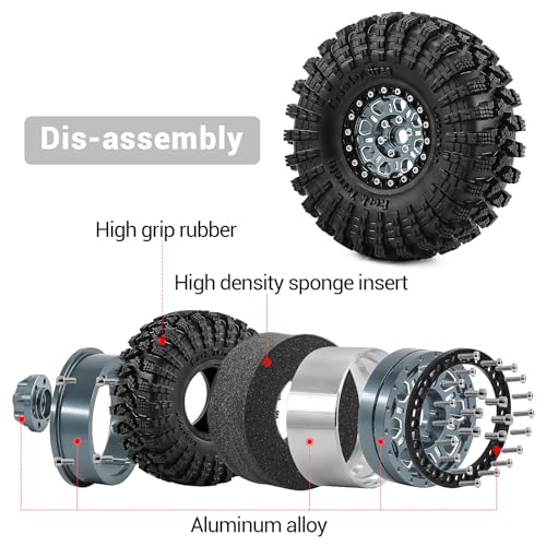 1.9" Beadlock Wheels and Tires 120mm (4.72in) for TRX4 SCX10 1/10 RC Crawler Upgrade Parts (Titanium-2, 4Pcs) - color: Titanium-2