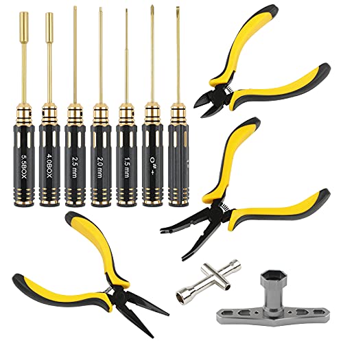 12PCS RC Tool Set 1.5mm 2mm 2.5mm 4mm 5.5mm Hex Nut Driver Flat Phillips Screwdriver 17mm Wrench Pliers for RC Car Traxxas Tamiya FPV Drone Helicopter Airplane