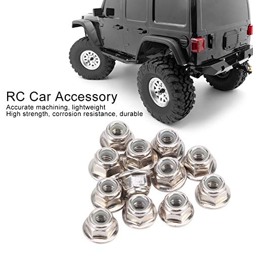 12Pcs RC Lock Nuts, 4mm RC Wheel Nuts, Metal Nonslip Wheel Lock Nut with 0.35in Bottom Diameter Replacement for TRX6 SCX10 1/10 Remote Control Model Cars, Sliver