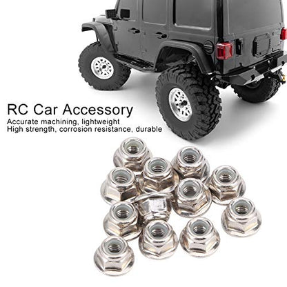 12Pcs RC Lock Nuts, 4mm RC Wheel Nuts, Metal Nonslip Wheel Lock Nut with 0.35in Bottom Diameter Replacement for TRX6 SCX10 1/10 Remote Control Model Cars, Sliver