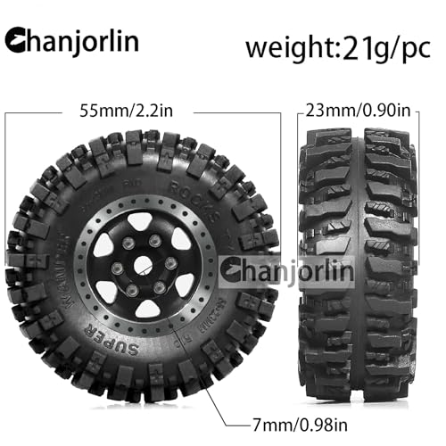 1/24 1/18 RC Crawler Tires and Beadlock Wheels Rims Offset -2.5mm 1.0 Super Soft Sticky Mud Terrain Rock Tyres OD 55mm for 1:24 1:18 Car Axial SCX24 FMS AX24 FCX18 FCX24 TRX4M 4Pcs (Black) - color: Black