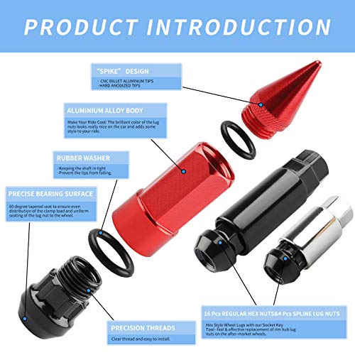 20Pcs Anti Theft Spikes Extended Tuner Wheel/Rims Lug Nuts M12X1.5+Socket (Red) - color: Red