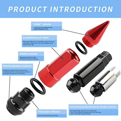 20Pcs Anti Theft Spikes Extended Tuner Wheel/Rims Lug Nuts M12X1.5+Socket (Red) - color: Red