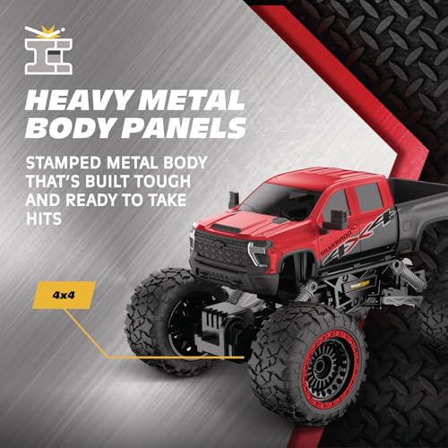RC 4WD Heavy Metal Chevrolet Silverado Truck – 1:14 Scale Remote Control Car, Stamped Metal Body, 2.4GHz Full-Function Radio Control, USB Rechargeable, Ready to Run, Red