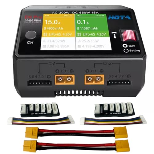 HOTA D6 Pro Lipo Battery Charger AC200W DC650W 15A Dual Channel Smart Charger Quad Multi-Functions Charging for Nicd LiHv NiMH Lipo Battery RC Drone RC Car Parts