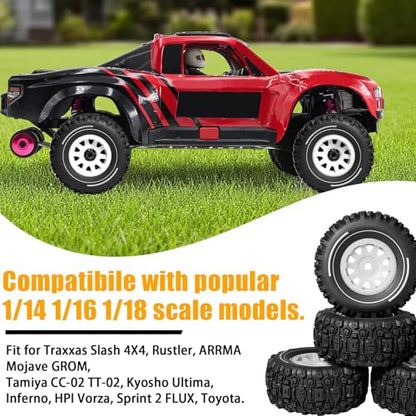 Pre-glued 64mm Wheels &Tires with 12mm Hex for 1/14 Truck, White | Rubber Tire and Nylon Rim for ARRMA Mojave GROM, HPI, Traxxas Slash, Tamiya, Toyota, WLtoy 1/14 1/16 1/18 RC On/Off-Road Car - color: White
