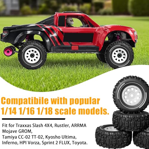Pre-glued 64mm Wheels &Tires with 12mm Hex for 1/14 Truck, White | Rubber Tire and Nylon Rim for ARRMA Mojave GROM, HPI, Traxxas Slash, Tamiya, Toyota, WLtoy 1/14 1/16 1/18 RC On/Off-Road Car - color: White