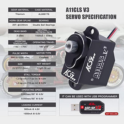 AGFRC Mini-Z Car 0.05Sec RC Micro Drifting Servo (A11CLS V3 Black) | 1.4kg Torque, Titanium Gear, Coreless Motor, Programmable, Fits Mini-Z, 1/24-1/28 Scale RC Cars. 20x21x11.3mm, 11g - style: A11CLS V3 Black