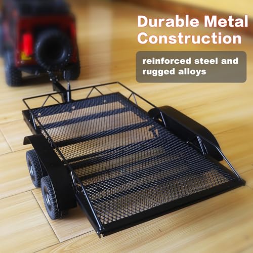 1/10 RC Car Trailer Heavy-Duty Metal RC Trailer for 1/10 RC Crawler TRX4 TRX6 SCX10 Gen7 Gen8, Hitch Receiver and Kinetic Winch Strap Included