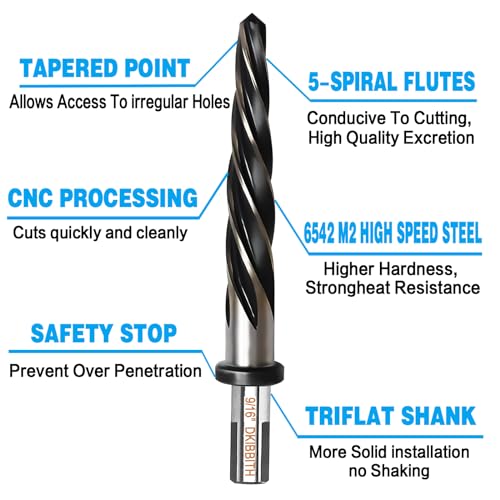 9/16" Bridge Construction Reamer Drill Bit, M2 HSS Taper Chucking Reamer for Steel Alloy Metal Wood Plastic, 1/2" Non-Slip Shank, 5-Spiral Flutes Car Reamer, to Align or Enlarge Holes, 14mm - size: 9/16"