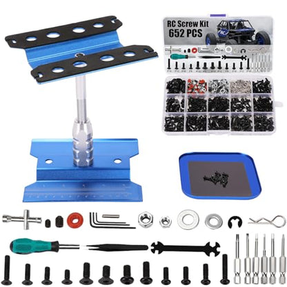 RC Car Repair Work Stand 652 PCS Screw Kit RC Repair Kit Universal RC Screw Set for Arrma Redcat Traxxas Axial HPI Losi 1/8 1/10 1/12 1/16 Scale RC Cars Trucks Crawler - style: Blue RC Kit