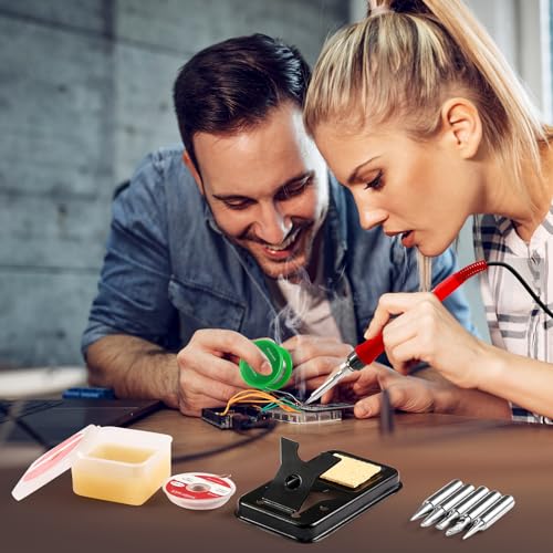 Soldering Iron Kit, 100W LED Digital Solder Gun kits with Ceramic Heater, Adjustable Temperature Welding Tools with Tips, Wick Braid, Stand, Solders Wire, Sponge, Flux Paste, Red - color: Red