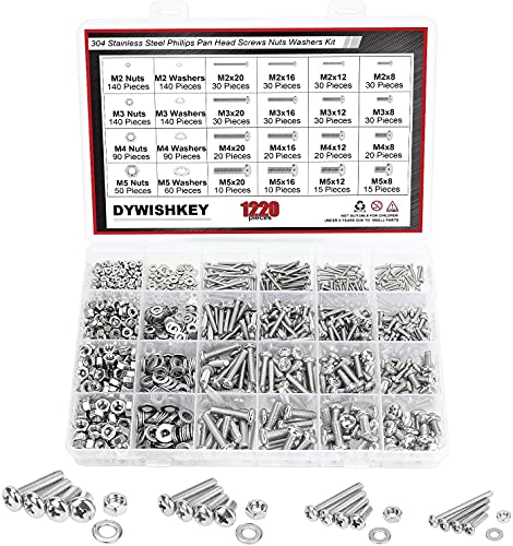 DYWISHKEY 1220 PCS M2 M3 M4 M5, 304 Stainless Steel Phillips Pan Head Screws Nuts Washers Assortment Kit - color: bright silver