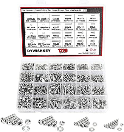 DYWISHKEY 1220 PCS M2 M3 M4 M5, 304 Stainless Steel Phillips Pan Head Screws Nuts Washers Assortment Kit - color: bright silver