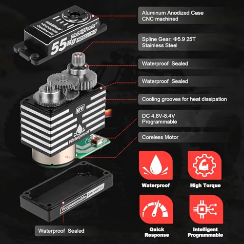 HobbyPark Waterproof 55KG Servo Coreless Motor 8.4V HV Servo High Torque Servo Full Metal Gear RC Servo Programmable for 1/8 1/10 RC Crawler RC Truck RC Car Buggy Robotic 180° w/Servo Horn