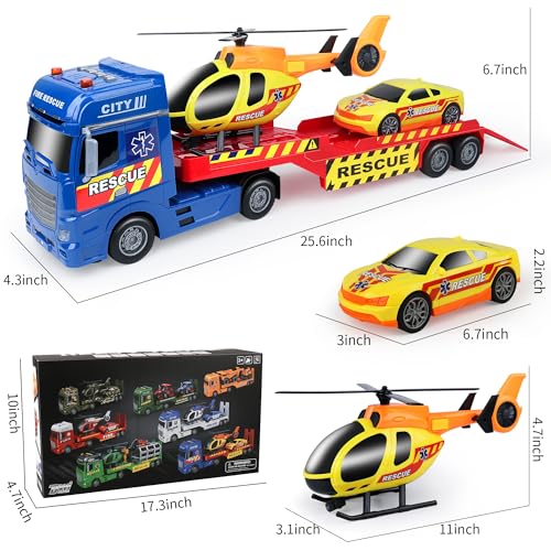 Dwi Dowellin Tow Truck Toy for Kids,25.6" Semi Truck Toy with Racing Car and Helicopter, Semi-Trailer with Lights & Sounds,Birthday Gift for 2 3 4 5 Years Old Boys and Girls - style: Tow Truck