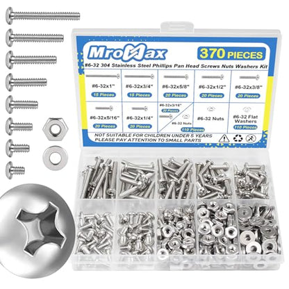 #6-32 x 3/16" to 1" Phillips Pan Head Machine Screws Kit with Nuts Washers | 370Pcs, 304 Stainless Steel 18-8, UNC Fully Threaded, 8 Lengths for Electronics & Appliance Repair, Furniture, DIY Projects - size: #6-32