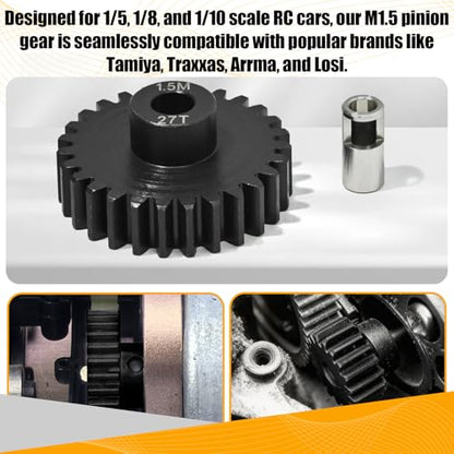M1.5 27T Pinion Gear 8mm Bore with 8mm to 5mm Shaft Adapter Sleeve, Chromium Steel Motor Gear with Set Screw & Hex Key for Traxxas ARRMA Losi 1/5 1/8 RC Cars - size: 27T