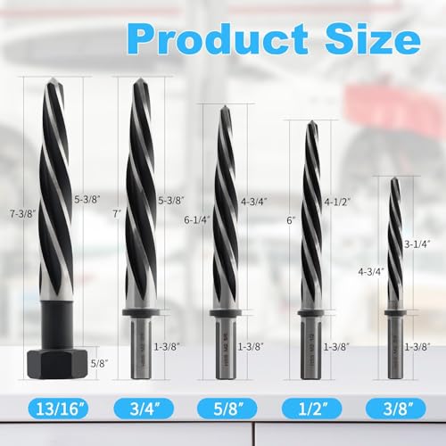 Rocaris 5 Pcs M2 HSS Taper Chucking Reamer Drill Bit Set | 3/8", 1/2", 5/8", 3/4", 13/16", For Steel, For Alloy, For Aluminum, For Wood & Plastic - size: 3/8 in, 1/2 in, 5/8 in, 3/4 in, 13/16 in