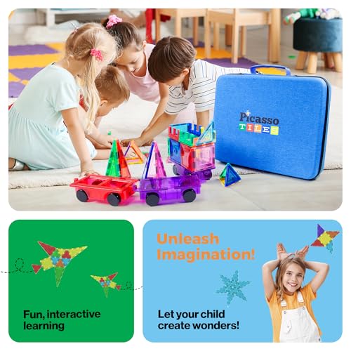 PicassoTiles Toy Storage Travel Case Organizer Bag for Kids Magnetic Tiles | water-resistant Oxford cloth material, durable rubber handle, strong zipper, zippered mesh pocket, drop-proof edges
