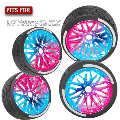 RC Wheels and Tires for 1/7 Felony 6S BLX,RC Highway Wheel Rubber Tires,4PCS RC Drift Car Highway Tires Road Soft Tires,Blue Pink - color: Blue Pink - (4pcs Highwaytires)