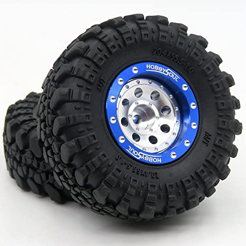 Adjustable Offset RC 1.0 Wheels and Tires, 1/24 Tires & Heavy 1.0 Beadlock Wheels Blue Silver for 1:24 RC Crawler Axial SCX24 90081 AXI00001 & Other 1/24 Crawler Truck,(4-Pack, Assembled) - color: Blue & Silver