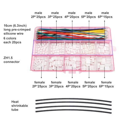 ZH 1.5MM Male Female Connectors and 28AWG Pre-Crimped Silicone Cables kit, ZH1.5 Connector Socket 2/3/4/5/6 Pin Housing JST Adapter Cable Connector with Length of 160mm (6.3inch) Wire Cable