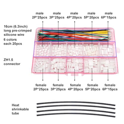 ZH 1.5MM Male Female Connectors and 28AWG Pre-Crimped Silicone Cables kit, ZH1.5 Connector Socket 2/3/4/5/6 Pin Housing JST Adapter Cable Connector with Length of 160mm (6.3inch) Wire Cable
