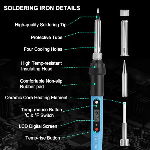 FEITA Electric Soldering Iron Kit with 80W LCD Digital Adjustable Temperature Soldering-iron, 5 Soldering Tips, Rosin Flux, Solder Wires & Stand, Electrical Soldering Kit for Electronics - color: 80w 9in1