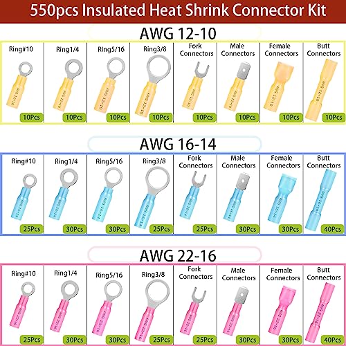 550Pcs Automotive Waterproof Heat Shrink Wire Connectors with Crimping Tool | Butt Fork Ring and Spade Crimp Connectors Assortment 22-10AWG - size: 550pcs-with Crimper